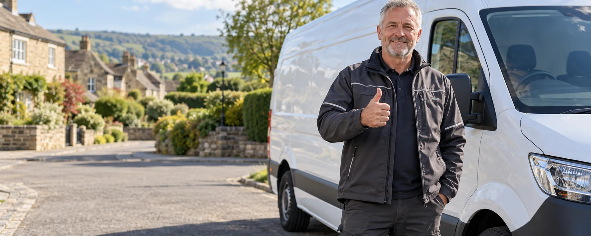 Illustrative AI-generated image of a multi-trade worker beside an unbranded white work van, giving a thumbs-up.