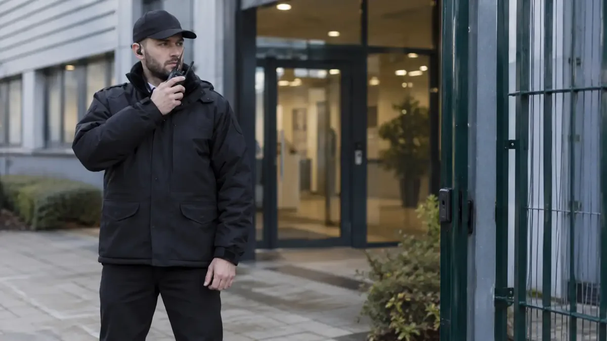 Security officer working at a gatehouse.
