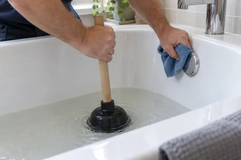 Plumber clearing a bath drain with a plunger while sealing the overflow.
