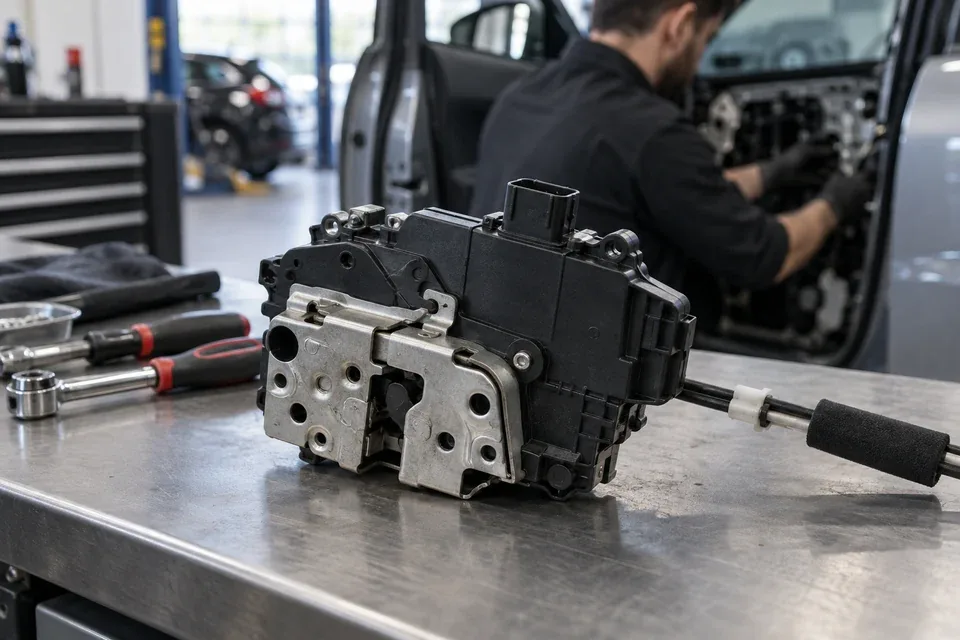 Automotive door lock assembly on a locksmith repair bench