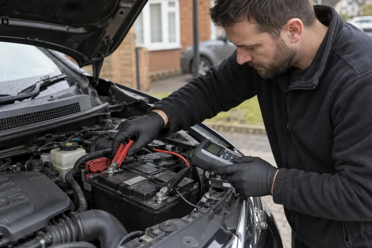 Battery conductance tester connected to a car battery.
