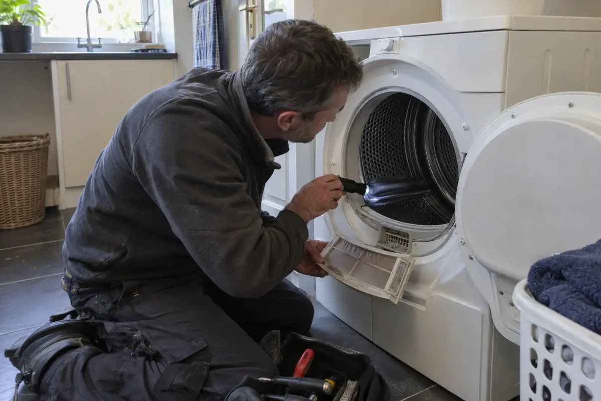 An appliance technician kneeling at an unmistakable vented tumble dryer with open round drum door and pulled-out lint screen, inspecting its lint airflow duct using a small torch. Plain workwear, dryer unplugged, laundry room.