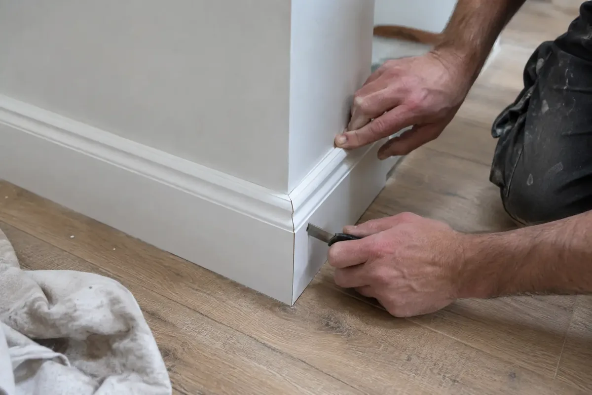 Carpenter kneeling to fit a neatly mitred white timber skirting board around an interior corner, using a small hand tool and checking the joint. Tight focus on skirting, adjacent finished section and accurate hands.