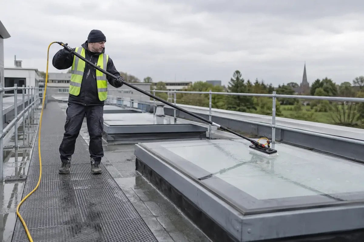 Professional cleaner on a flat commercial roof uses a long water-fed brush to clean a raised rectangular glass rooflight from beside it. Solid guarded walkway and roof edge protection visible, worker never stands on glass, soft overcast light.