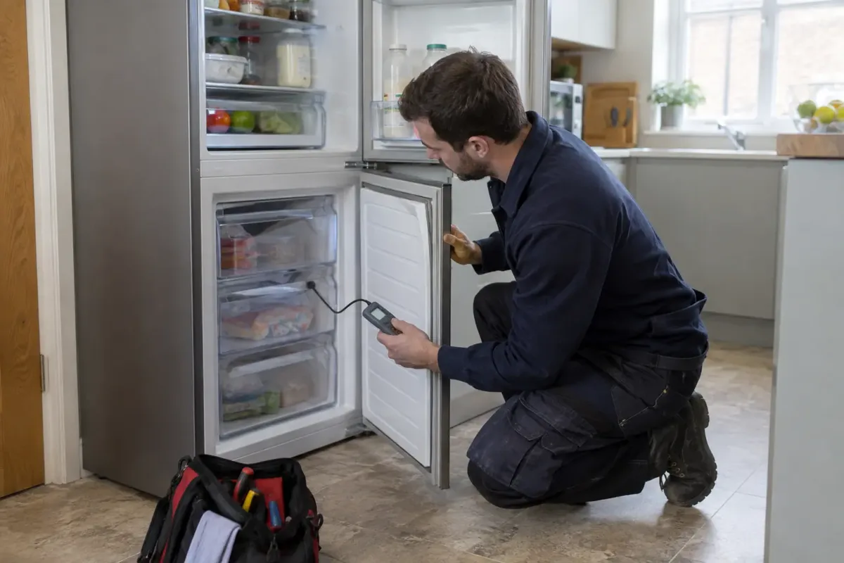 Technician checking the door seal and temperature sensor of the open lower freezer compartment of a tall combined fridge-freezer, upper fridge cabinet and freezer drawers clearly visible. Small thermometer probe and tool bag, kitchen, appliance isolated.
