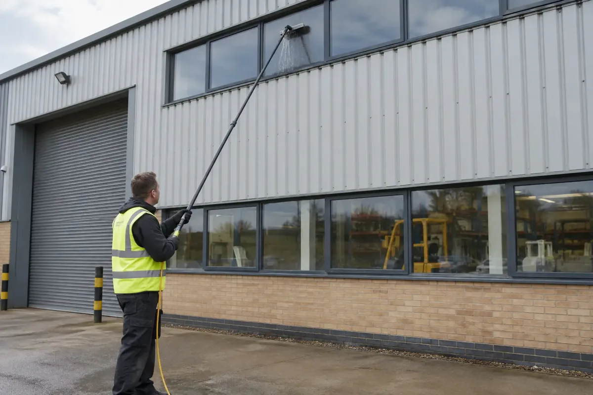 Window cleaner in high-visibility vest using a water-fed pole to wash upper glazing on a low-rise industrial warehouse workshop. Corrugated cladding, closed loading bay and idle machinery glimpsed through glass, standing on firm safe ground.