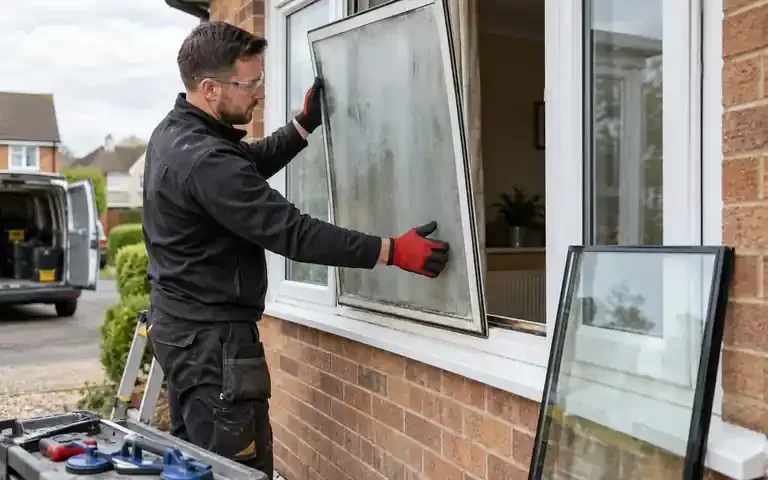 Glazier removes a visibly misted sealed window unit.