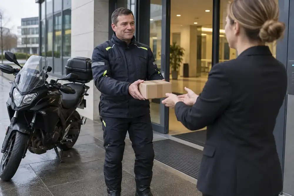 a motorcycle courier preparing or handing over a suitable consignment
