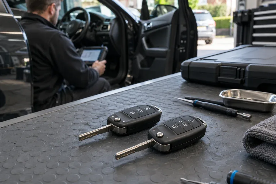 Two finished spare car keys on a locksmith workbench