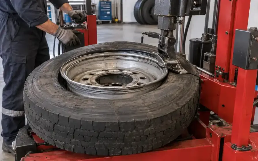 Technician controls a hydraulic tyre machine with a demounting tool positioned at a deflated truck tyre bead.