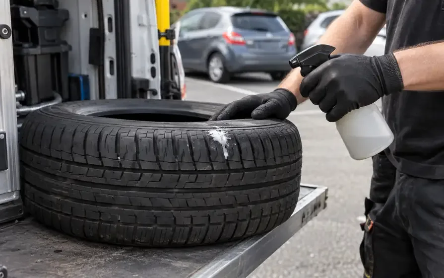 Technician applying leak-detection spray to a removed passenger-car tyre