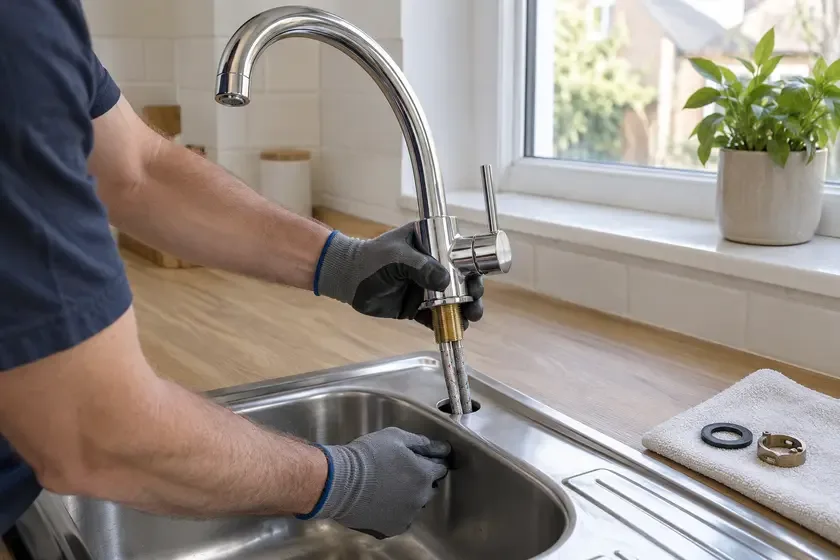 Plumber installing a chrome swan-neck kitchen mixer tap through a sink mounting hole.
