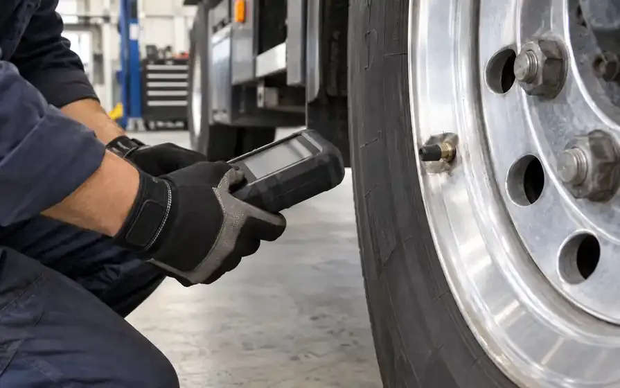 Technician holds a rugged wireless TPMS scanner near a commercial truck wheel valve, with a visible air gap and no connecting hose or cable.