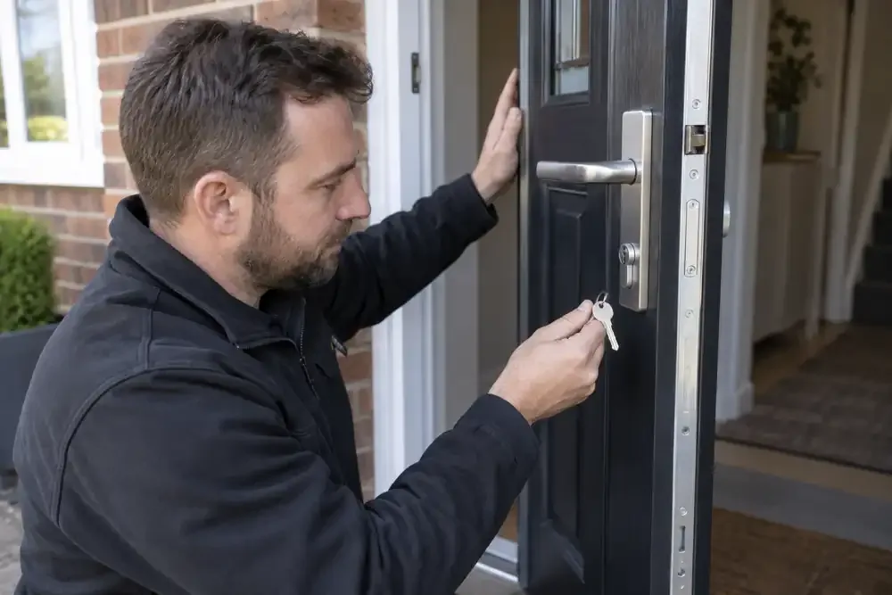 Locksmith checking a newly installed front-door cylinder.