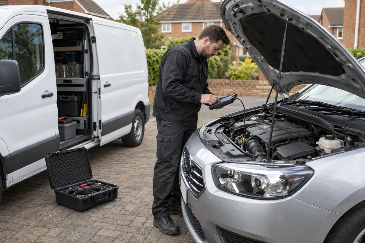 Mobile technician with diagnostic equipment beside a car and service van.