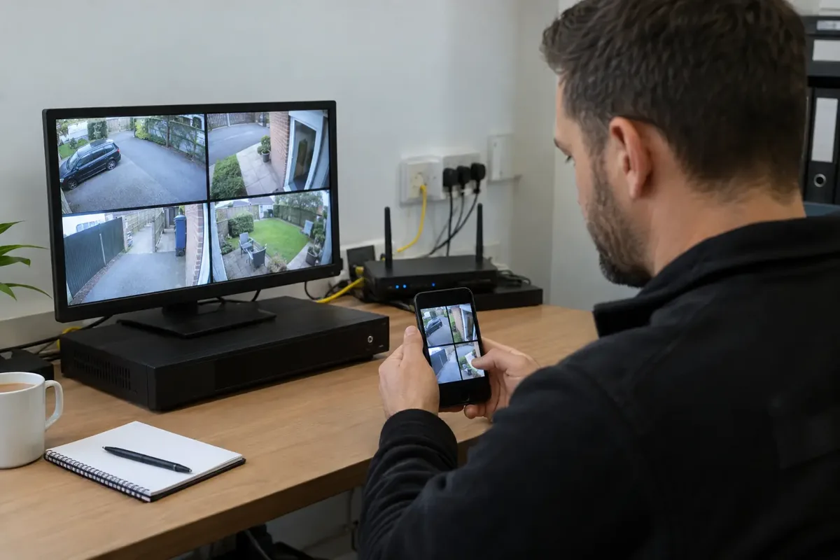 Security technician at an unbranded CCTV recorder and router, configuring a smartphone that visibly shows the same four live camera views as a nearby monitor. Quiet UK office utility desk. Secure remote-viewing setup is the obvious job.