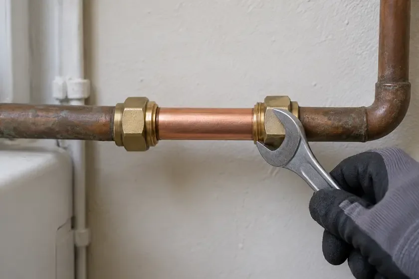A copper water pipe repaired with a fresh section and compression couplings.