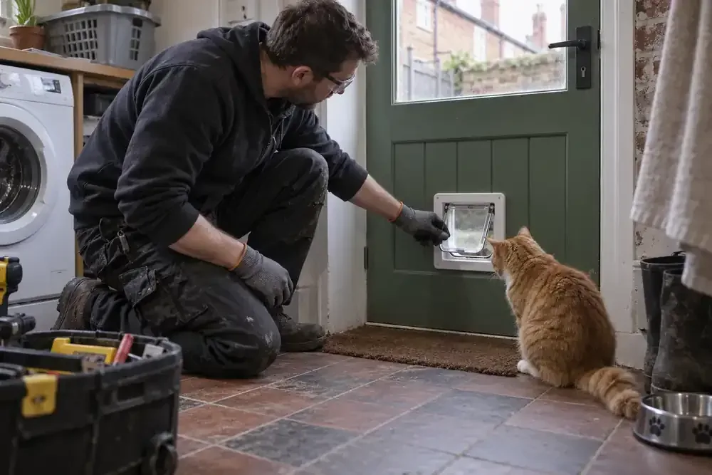 Fitter checking a cat flap in the lower panel of a door