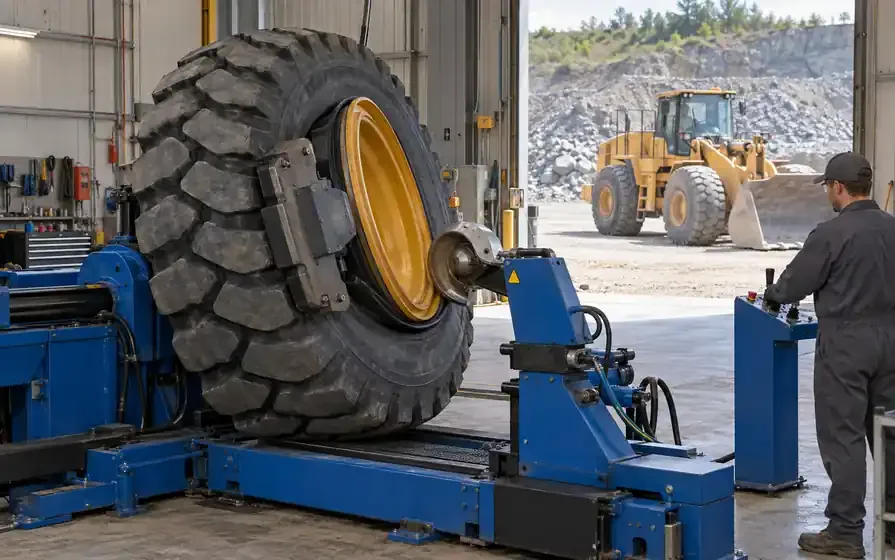 Operator using a heavy hydraulic tyre changer to fit a large OTR tyre on a steel rim in a quarry workshop.