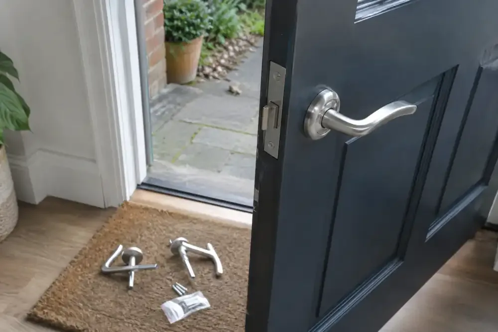 Door handles and replacement fittings beside a residential entrance.