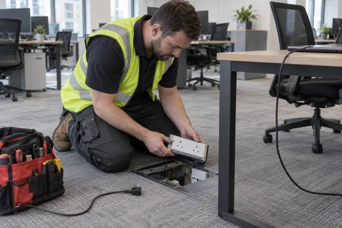Electrician replacing a UK power module in an office floor service box.