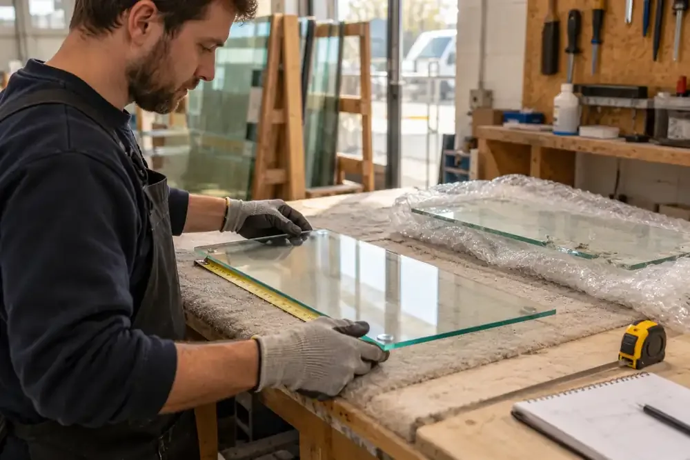 Workshop assistant checking a replacement glass shelf