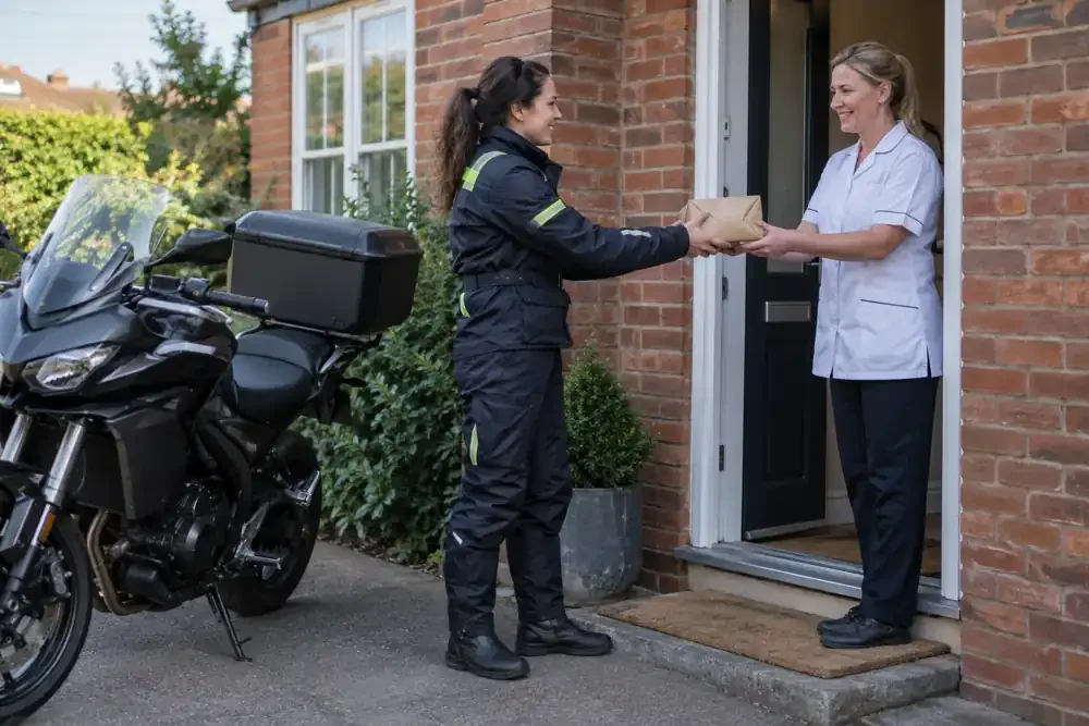a motorcycle courier preparing or handing over a suitable consignment