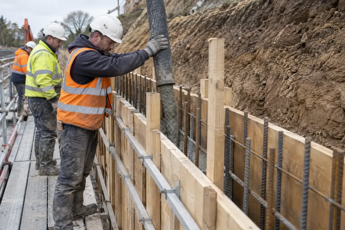 Concrete crew in hard hats and gloves direct a short flexible pump hose vertically into tall timber retaining-wall shuttering, with visible steel reinforcement rising inside the narrow wall form. Earth bank held back behind formwork, safe working platform, realistic controlled pour.