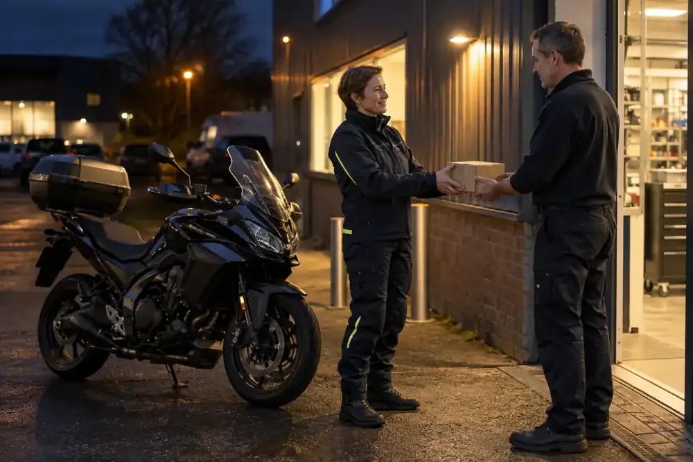 a motorcycle courier preparing or handing over a suitable consignment