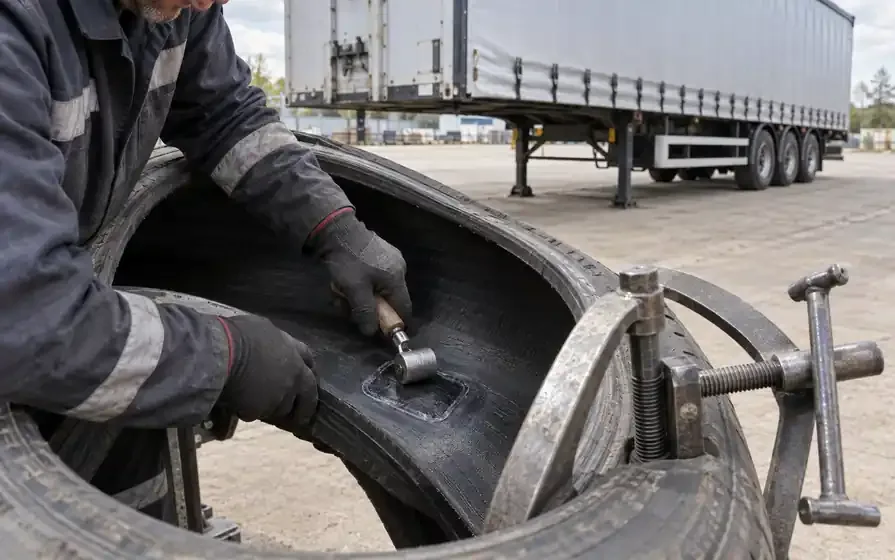Technician rolling an internal repair patch inside a supported trailer tyre, with a detached semitrailer behind.