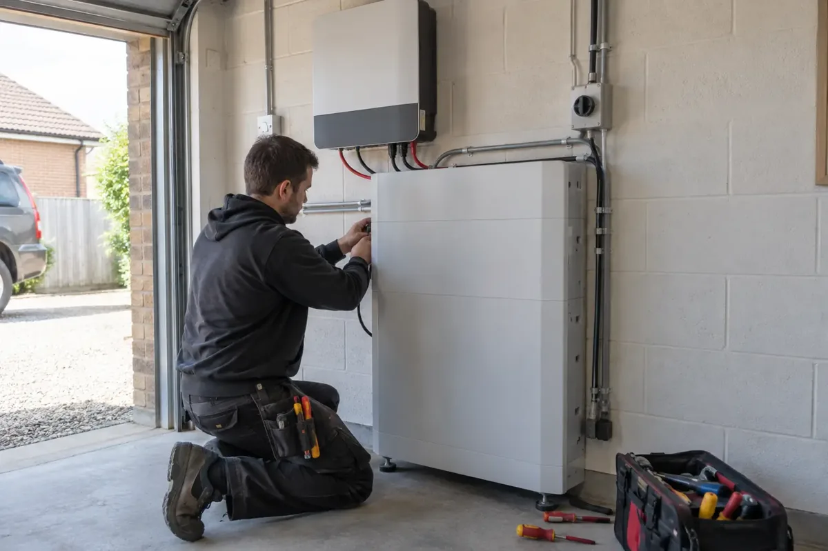 Installer fastening a large domestic battery storage cabinet below an inverter in a garage.