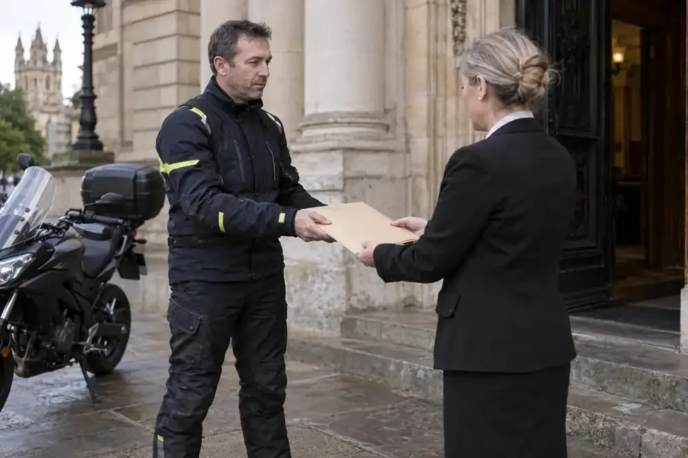 a motorcycle courier preparing or handing over a suitable consignment