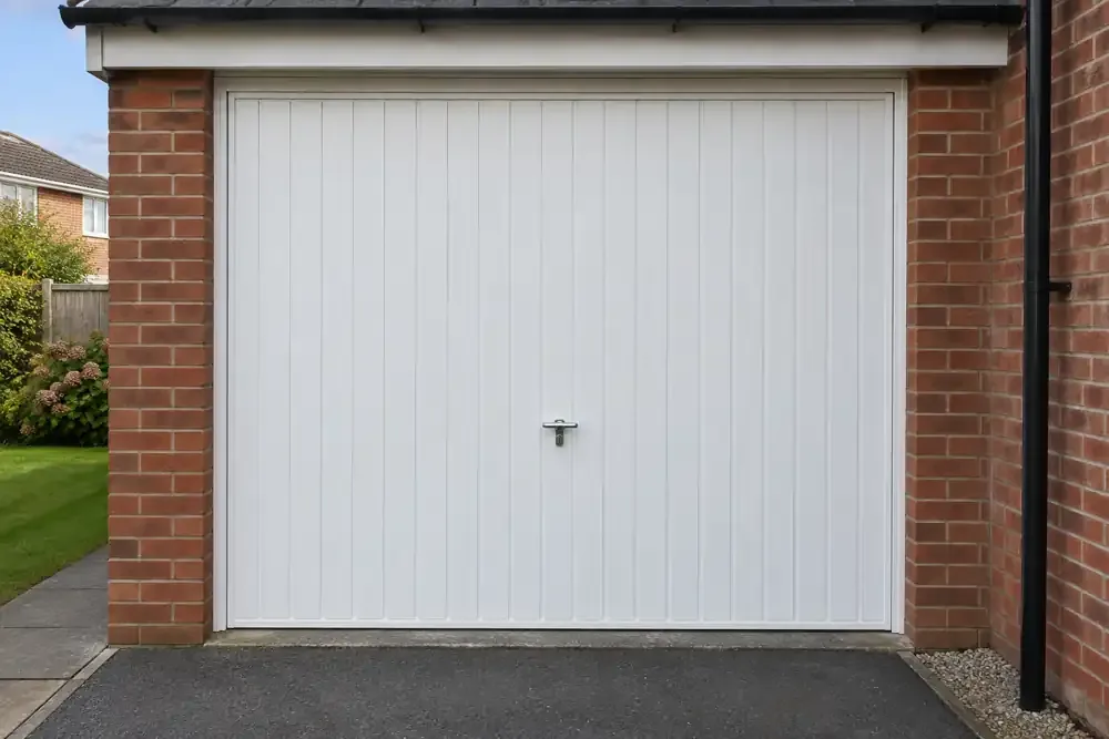 Up-and-over garage door with a central locking handle.