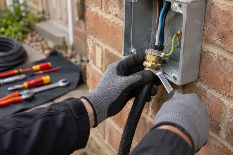 Close view of an electrician securing an armoured cable gland to a metal enclosure.
