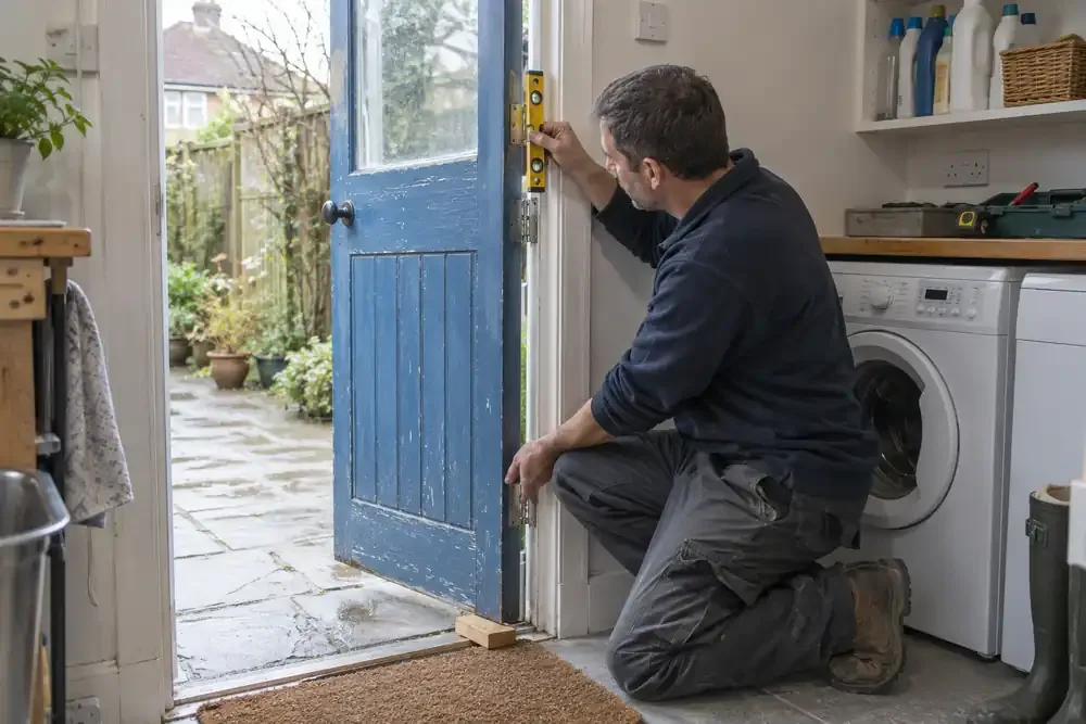 Tradesman checking hinge alignment on a supported timber back door