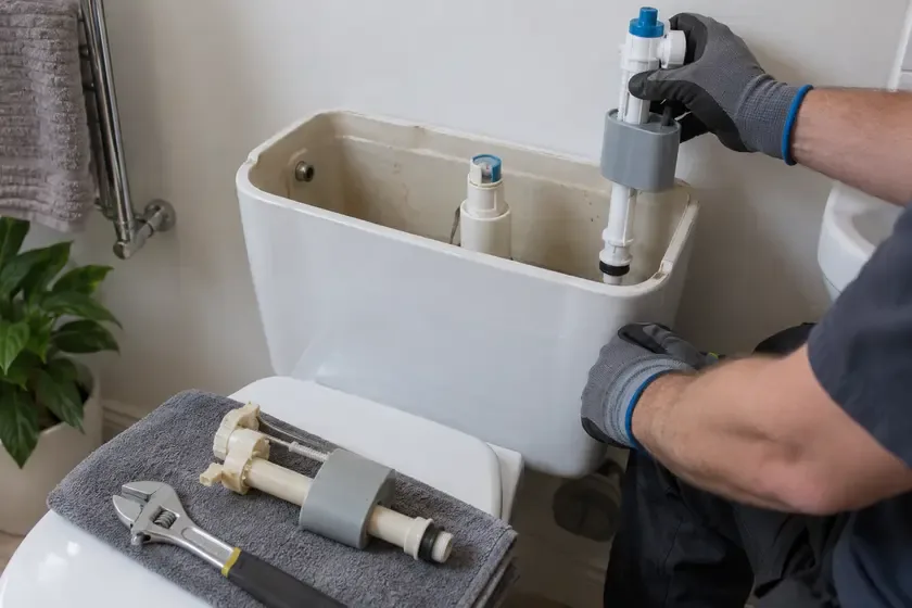 Plumber fitting a new bottom-entry toilet fill valve.