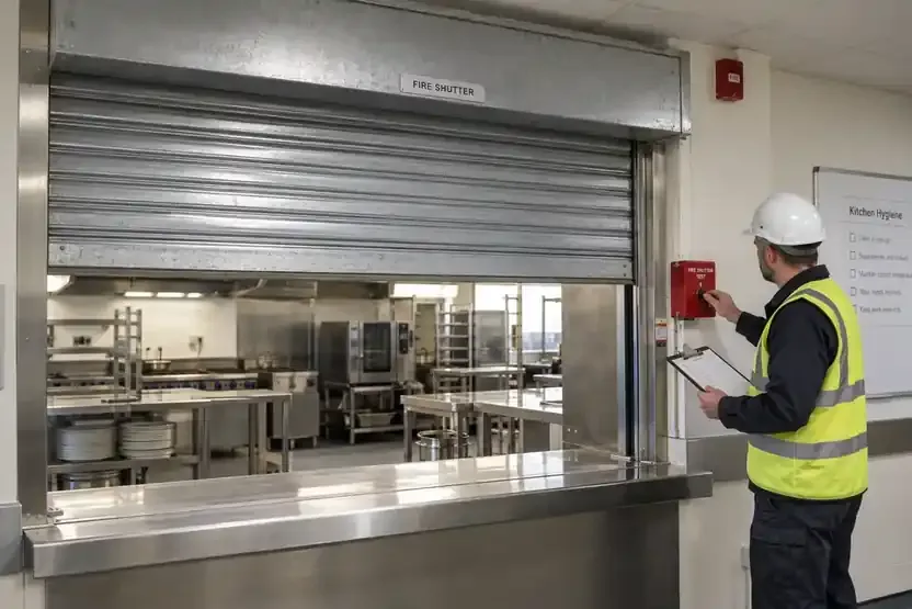 Engineer operates a side-mounted test control while observing a commercial kitchen fire shutter, with service clipboard and fire-shutter marking visible.