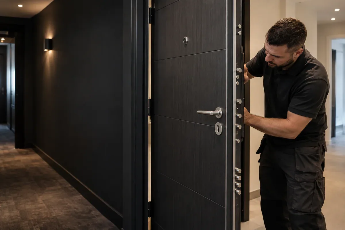 Installer fitting a high-security apartment door