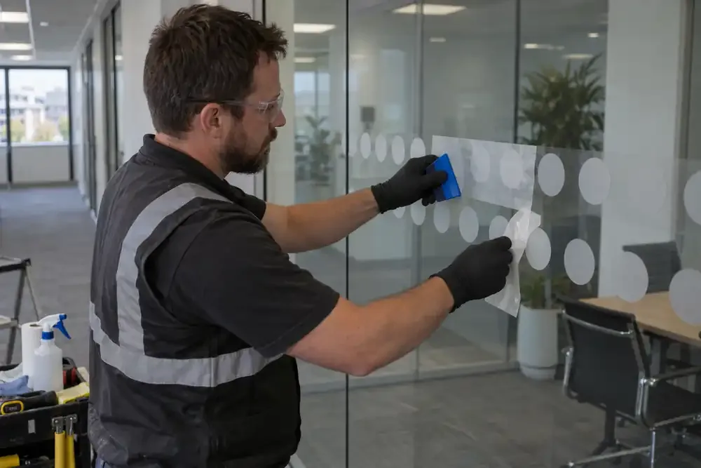 Office corridor close view: film technician applying two neat horizontal rows of frosted circular manifestation decals to a full-height clear glass partition using transfer sheet and squeegee, no words or logos.