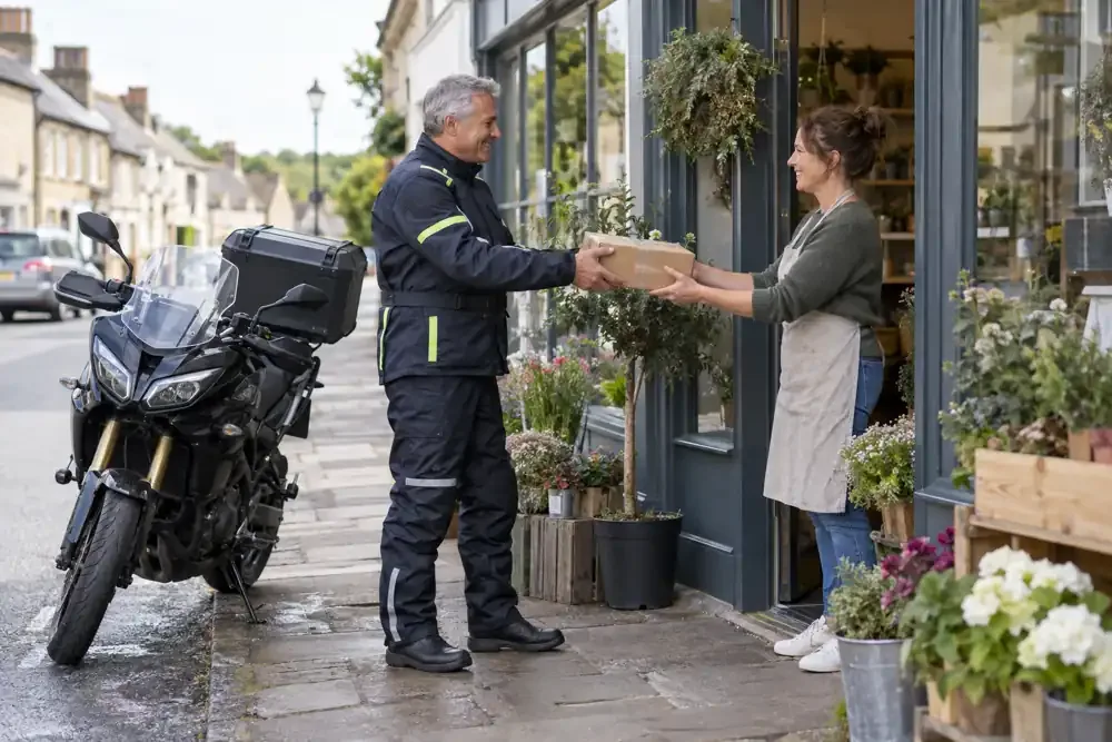 Motorcycle courier delivering a small parcel on an urban shopping street