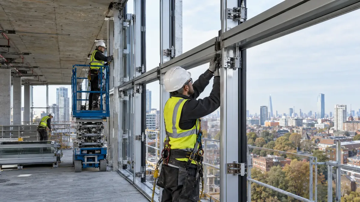 Aluminium curtain wall mullions and transoms being assembled