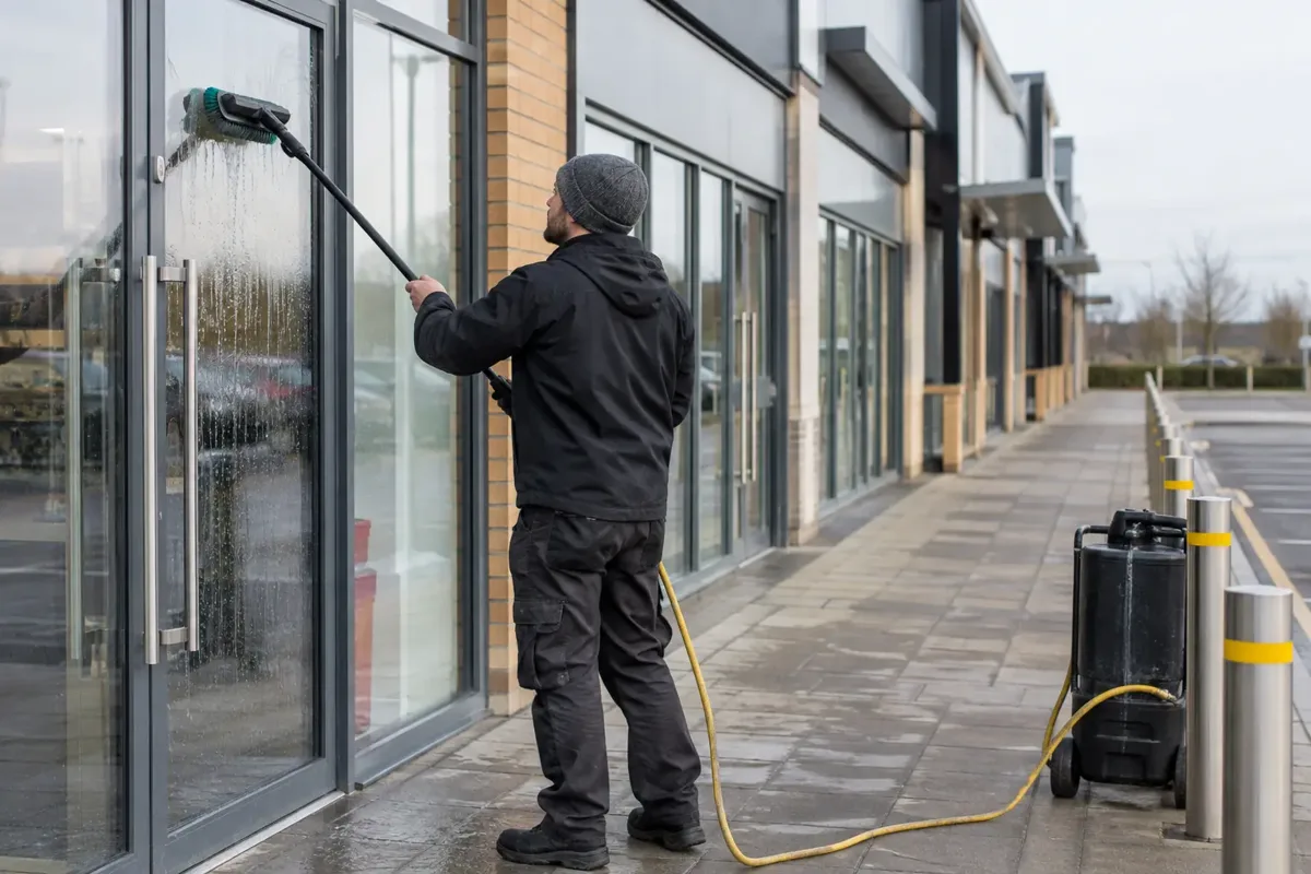 Ground-based window cleaner using a short water-fed pole to clean the glass entrance of a shop at a UK retail park. Several adjoining unbranded shopfronts and shared pedestrian paving visible, brush touching glass, no shoppers or readable signs.