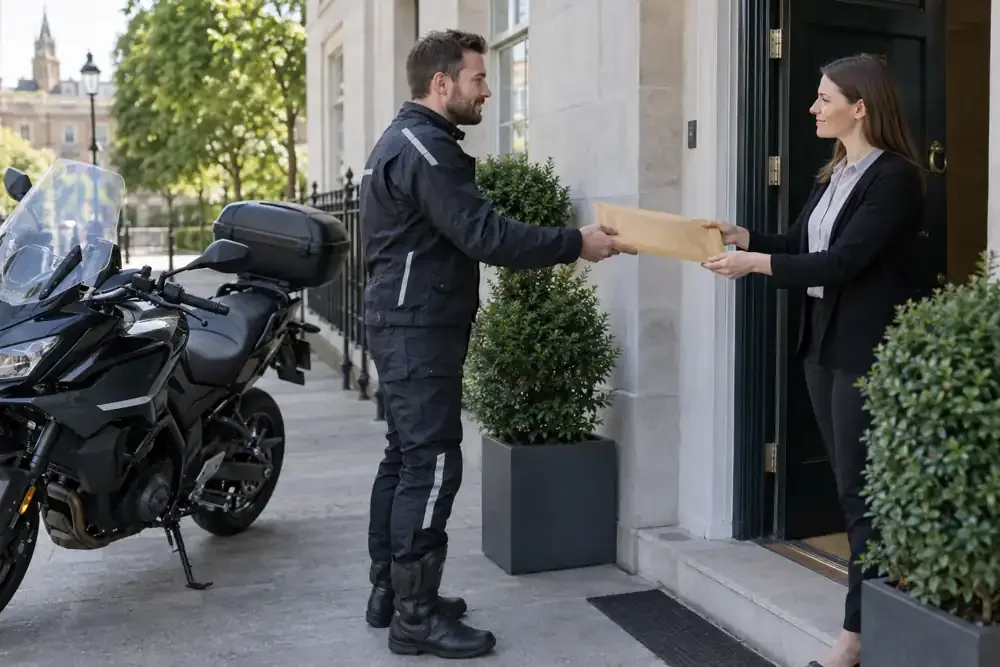 a motorcycle courier preparing or handing over a suitable consignment