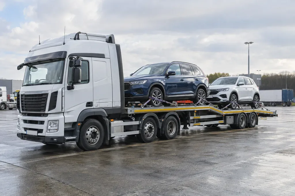 Cars secured on a transporter at a logistics apron
