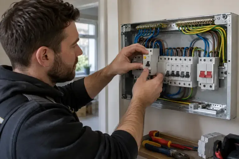 Arc fault detection installation: a professional electrician assessing or carrying out the electrical work.