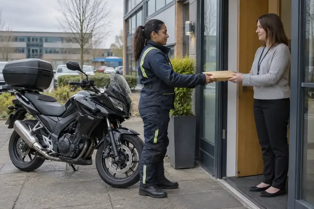 Motorcycle courier delivering paperwork outside an office
