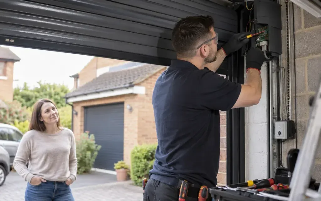 Technician working on the mechanism of a domestic garage roller shutter