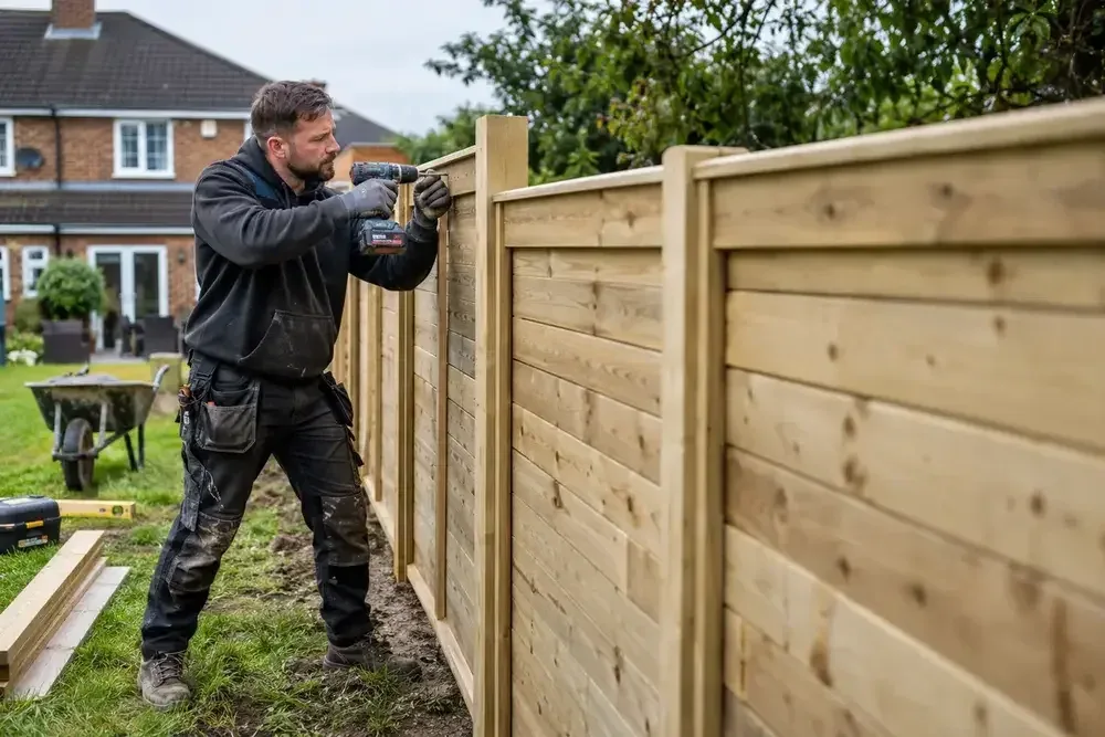 Worker fixing a timber fence panel between concrete posts