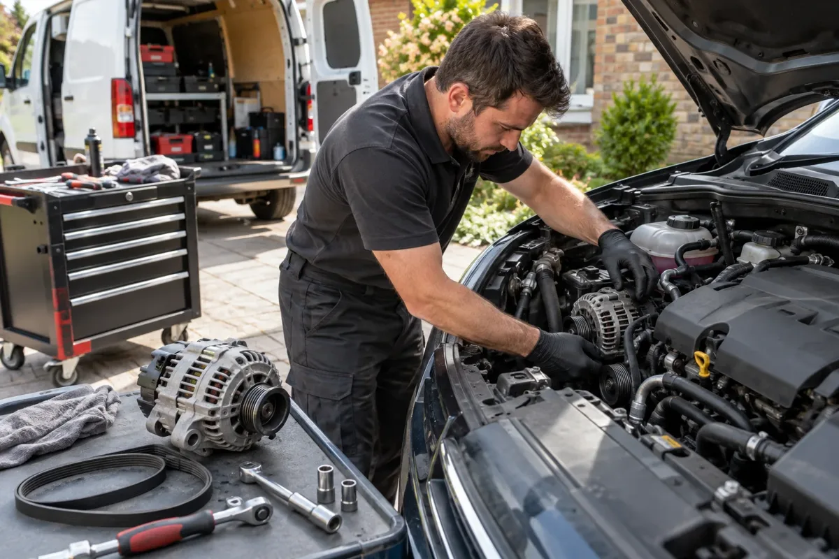 Mechanic working on a car alternator with an alternator and auxiliary belt on the trolley